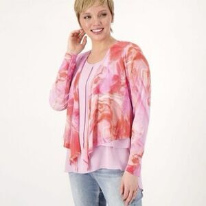 Susan Graver Printed Mesh Long Sleeve Shrug Pink Coral Size 2X